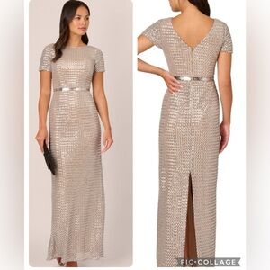 Adrianna papell sequins short sleeve column embellished waist long gown